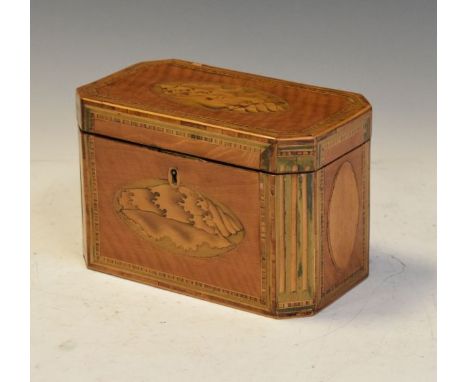 George III satinwood and string inlaid rectangular tea caddy having inlaid shell marquetry panels, the hinged cover revealing