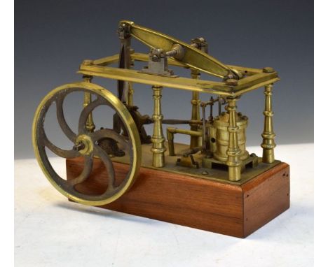 Interesting brass stationary beam engine with spoked handle on wooden base   Condition: 