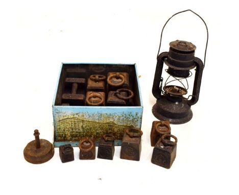 Box of assorted GPO weights of cuboid form with broad arrow mark and ring handle, together with a hanging lantern   Condition