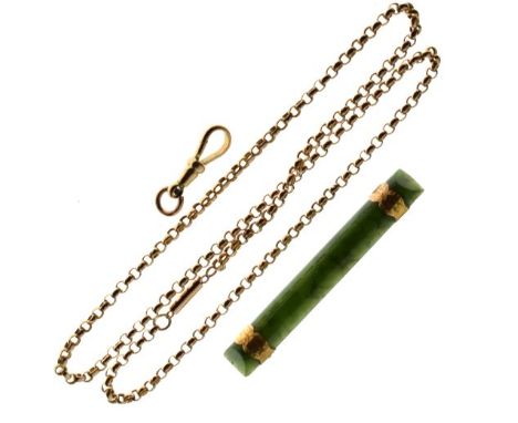 Jade bar brooch stamped 9ct, together with a belcher link neck chain stamped 9ct   Condition: 