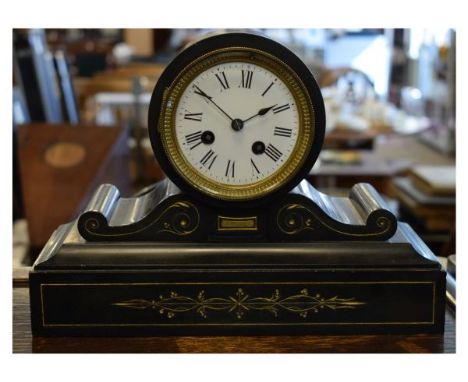 Late 19th/early 20th Century French black slate mantel clock of 'drumhead' design with white Roman dial and two train movemen