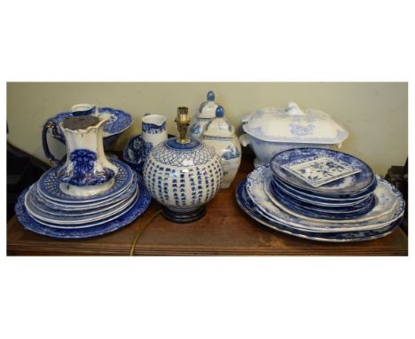 Assorted 19th Century and later blue transfer printed pottery to include: pedestal dish, two handled basket, tureen and cover