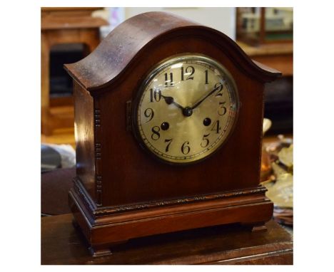 Early 20th Century mahogany cased mantel clock with silvered Arabic dial and two train movement   Condition: 