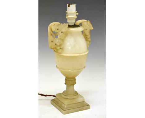 Early 20th Century carved alabaster table lamp of two handled urn form on stepped square base   Condition: 