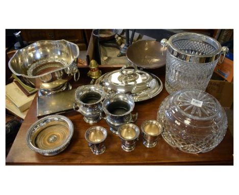 Selection of cut glass and plated wares to include: Waterford Master Cutters lead crystal bowl, cut glass ice-bucket with pla