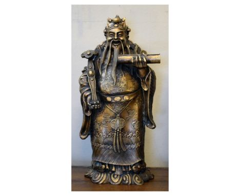 Modern Chinese bronze figure sculpture modelled as the Emperor holding a scroll and ruyi sceptre, 36cm high   Condition: 