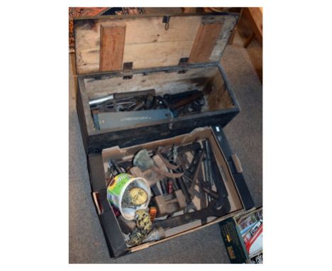 Early to mid 20th Century collection of assorted tools and equipment to include: a painted wooden trunk, together with assort