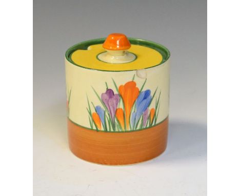 Clarice Cliff Bizarre Crocus pattern cylindrical preserve pot and cover   Condition: 
