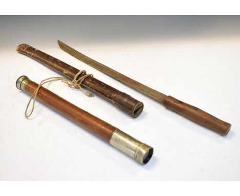 Eastern steel sword with leather scabbard, and a leather mounted telescope   Condition: 