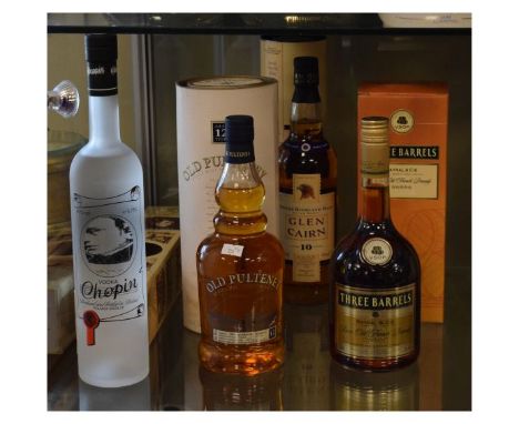 Spirits - Three Barrels VSOP 70cl Brandy, Old Pulteney 12 Year Old Scotch Whisky 70cl, Glencairn Highland Single Malt Aged 10