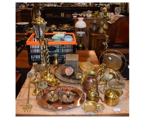 Assorted metal work to include: Arts & Crafts hammered copper oval tray, brass bellows, pair of open helical twist candlestic