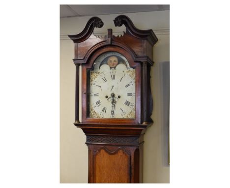 Early 19th Century oak and mahogany crossbanded eight day longcase clock, the painted arched dial with moon phase, Roman nume