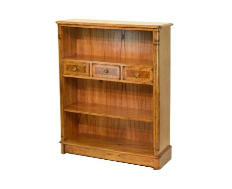 Reproduction walnut finish open bookcase fitted three short drawers with adjustable shelf below, 90cm wide   Condition: 