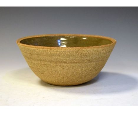 Studio pottery - Leach stoneware bowl having green glazed interior, impressed mark and stamped England, 20cm diameter   Condi