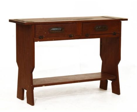 Early 20th Century metal mounted wooden shoe-shine stool fitted two drop front drawers on shaped end standards and under shel