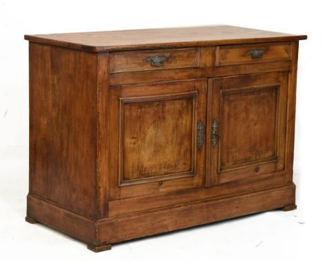 French fruitwood side cabinet, the rectangular top over two short frieze drawers and two panelled cupboards enclosing shelf  