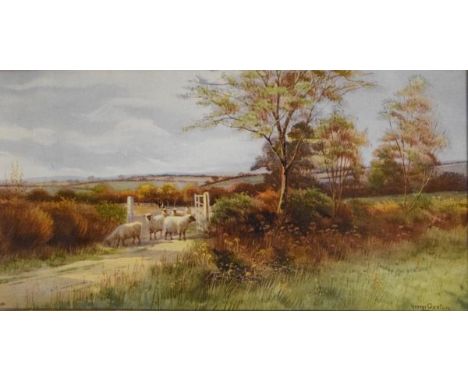 George Oyston - Lithograph - Sheep coming through a gate, 23.5cm x 45.5cm, framed and glazed   Condition: 