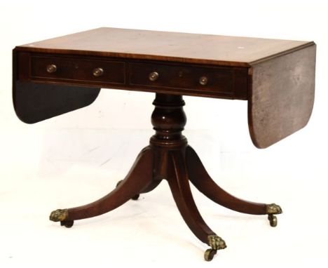 19th Century rosewood drop leaf sofa table fitted two drawers on a mahogany turned column and four splayed feet, fully extend