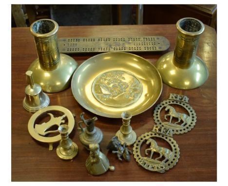 Group of assorted brassware to include: a Victorian footman of pierced design with carry handles on cabriole front legs, pair