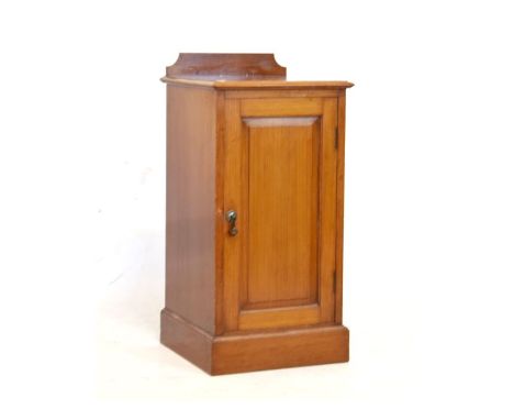 Early 20th Century mahogany bedside cabinet or night cupboard with moulded square top and back rail over panelled door enclos