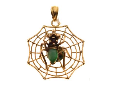 Spiders web design pendant having central spider with a jade body, the reverse stamped 22k   Condition: 