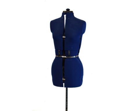 Tailor's dummy of adjustable design with blue fabric covering on tubular stand and tripod support   Condition: 