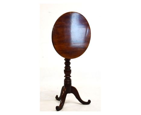 19th Century fruitwood snap top tripod occasional table, the circular top on a well turned stem and scroll supports   Conditi