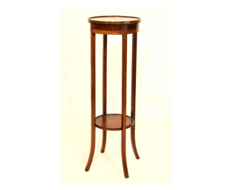 Early 20th Century inlaid mahogany torchère of plantstand with boxwood-strung circular top on four square section supports wi