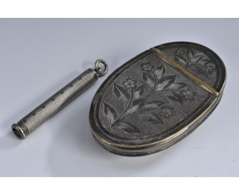 A Victorian propelling pencil, by Sampson Mordan & Co, engine turned, ring finial, 6cm long, c.1880; a Victorian E.P.N.S. ova