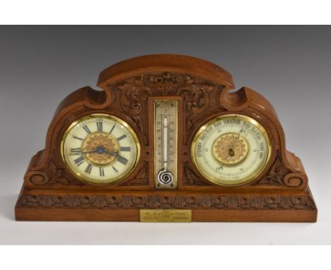 A Victorian oak desk top combination clock, thermometer and aneroid barometer, 8.5cm enamel dial and register, Roman numerals