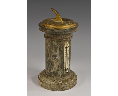 A 19th century gilt brass mounted serpentine desk top sundial, compass and thermometer, as a column, 17.5cm high, c.1880