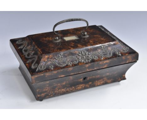A 19th century French scumbled and cute steel sarcophagus work box, hinged cover with swan neck handle, centred by a rectangu
