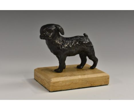 English School (19th century), a dark patinated bronze, of a terrier, rectangular marble base, 8.5cm wide