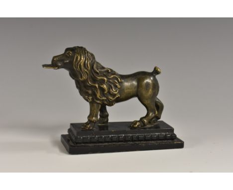English School (early 19th century), a dark patinated bronze, of a dog conveying a letter, 9.5cm long
