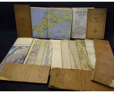 A set of 14 1/4in to 1 mile WWII RAF navigator's OS maps of England, linen backed, folded and overstamped, five with original