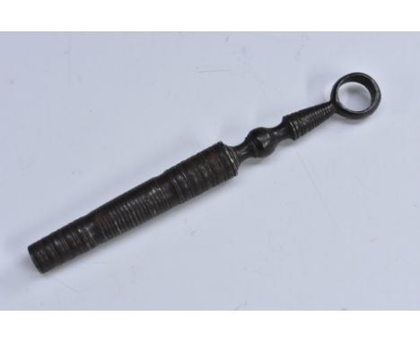 An early 19th century steel travelling pocket corkscrew, ring terminal, 5.5cm flat ribbon-helix worm, screw-fitting barrel, 1