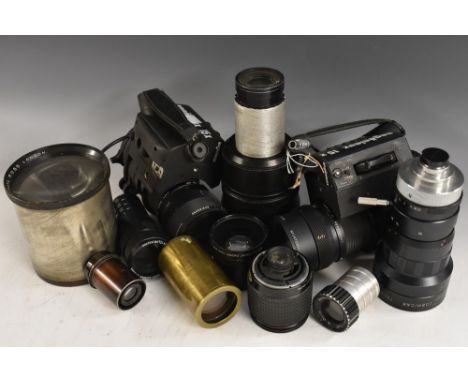 Photography - Assorted lenses. An Angenieux motorised zoom lens type 15 x 7D f1.4-f1.8, 7-105mm, bayonet camera mount; anothe