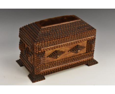 An early 20th century tramp art work box, hinged cover with plum velvet pin cushion, typical geometric sides, bracket feet, 2
