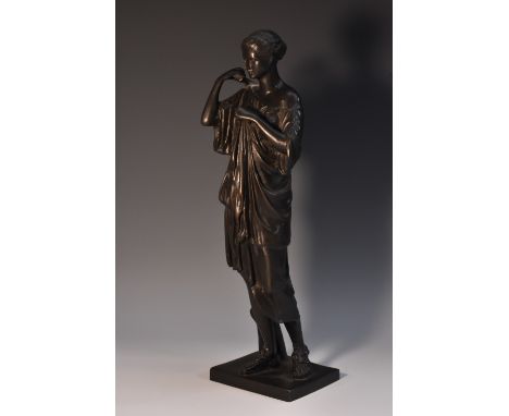 After the Antique, a dark patinated bronze, Diana of Gabii, rectangular base, 35cm high