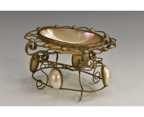 A 19th century French mother of pearl and brass trinket tidy, 13.5cm wide, c.1870