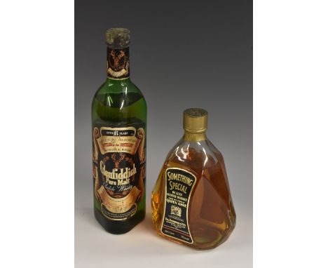 Glenfiddich Pure Malt Scotch Whisky, Over 8 Years, 26 2/3 fl oz, 70%, labels fair with some scuffs and minor losses, level be