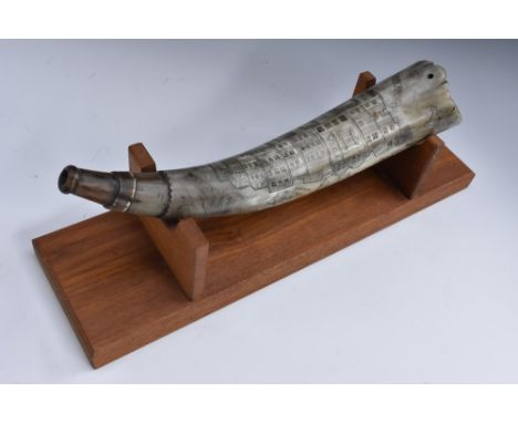 A cattle horn powder flask, later carved in the American Folk Art manner and inscribed Pte. Roberts in Cpt. Peytons Company  