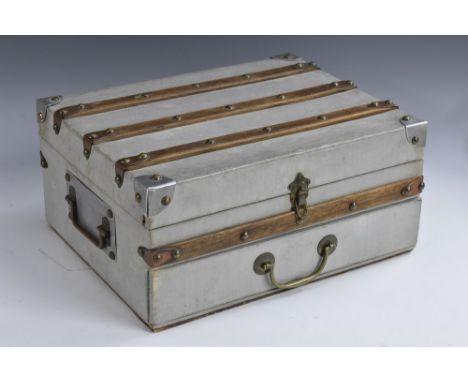 A cabin-type storage box or trunk, of small proportions, hinged cover enclosing compartments, above a drawer, 30.5cm wide