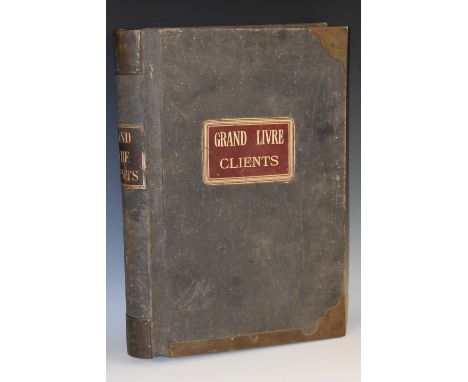 A large 19th century French brass-bound leather ledger, Grand Livre Clients, inscribed throughout ink manuscript, medium foli