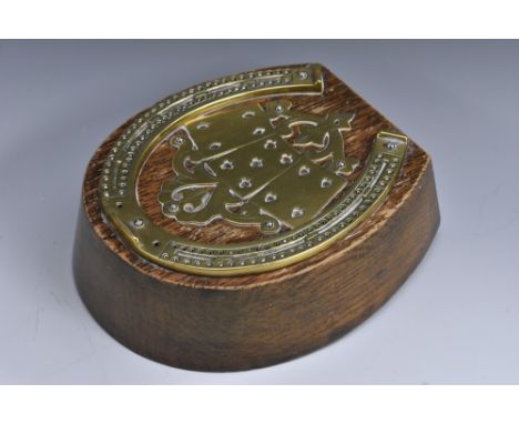 A Victorian brass mounted oak novelty cribbage box, as a horse shoe, the top applied with cards in three suits, drawer to bas
