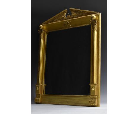 Masonic/Friendly Society Interest - a 19th century giltwood and gesso mirror, the architectural frame with break-arch pedimen