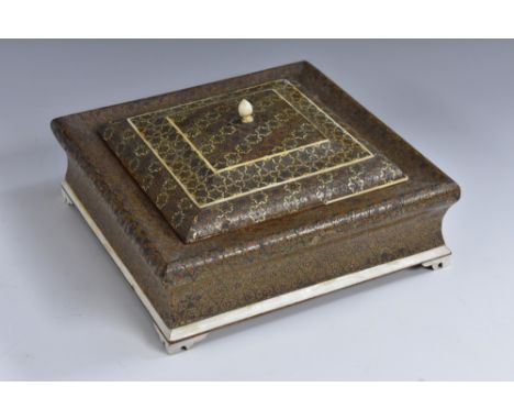An Anglo-Indian sadeli marquetry square box and cover, decorated throughout with geometric lozenges, the interior conforming,