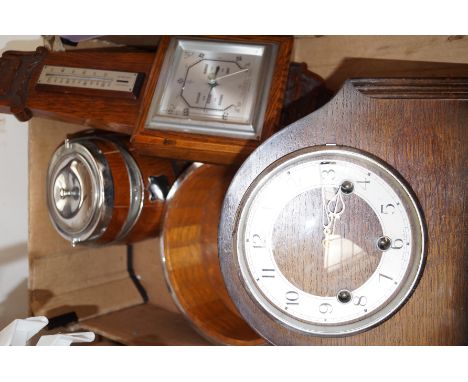 Oak wall thermometer, biscuit bowl, fruit bowl and mantel clock