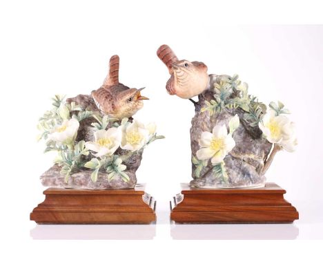 A Dorothy Doughty for Royal Worcester Wren (cock) and burnet rose limited edition 43/500 figure and its companion figure grou