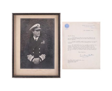 A black & white portrait of Louis Mountbatten by Cecil Beaton, in naval uniform, 3/4 length, signed and dated 1943, with an a
